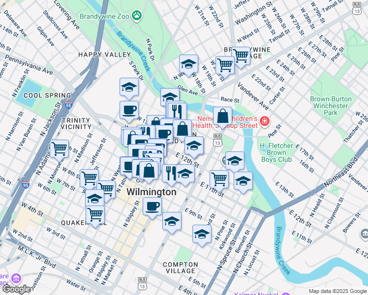 map of restaurants, bars, coffee shops, grocery stores, and more near 1217 North King Street in Wilmington