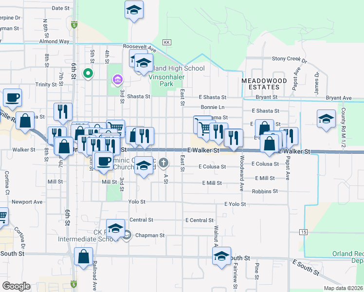 map of restaurants, bars, coffee shops, grocery stores, and more near 2 Walker Street in Orland
