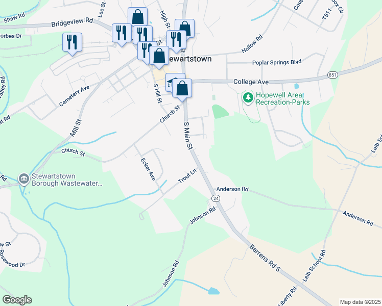map of restaurants, bars, coffee shops, grocery stores, and more near 70 South Main Street in Stewartstown