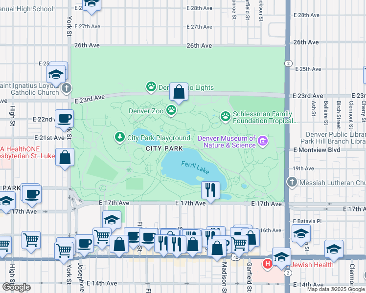 map of restaurants, bars, coffee shops, grocery stores, and more near 2001 Colorado Blvd in Denver
