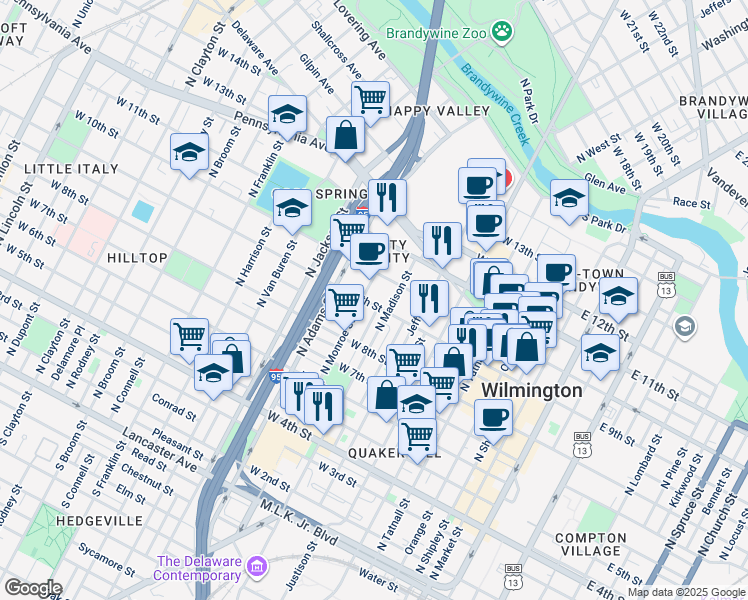 map of restaurants, bars, coffee shops, grocery stores, and more near 721 West 9th Street in Wilmington