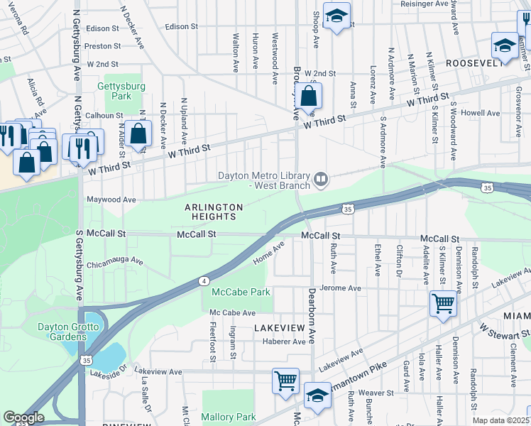 map of restaurants, bars, coffee shops, grocery stores, and more near 329 Abbey Avenue in Dayton