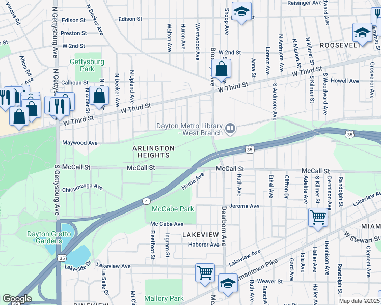 map of restaurants, bars, coffee shops, grocery stores, and more near 329 Abbey Avenue in Dayton