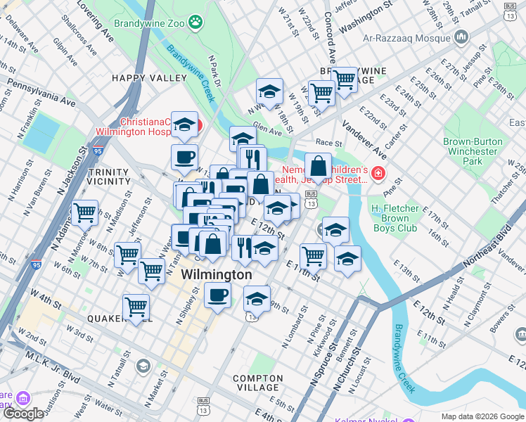 map of restaurants, bars, coffee shops, grocery stores, and more near 1201 North King Street in Wilmington