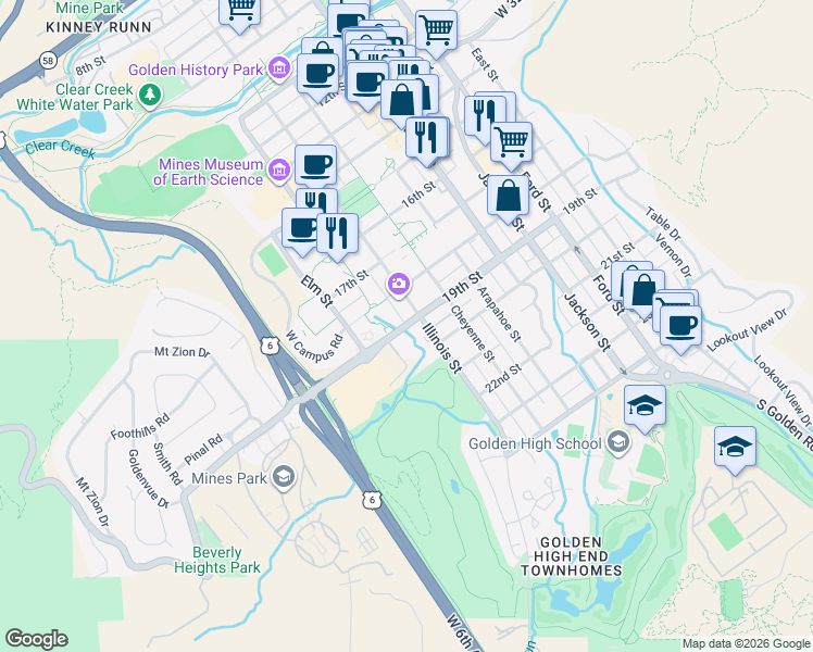 map of restaurants, bars, coffee shops, grocery stores, and more near 19th Street in Golden