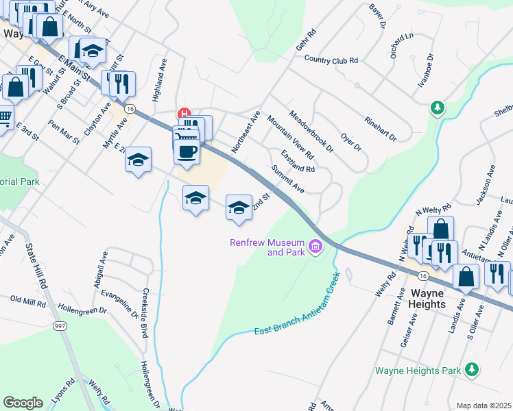 map of restaurants, bars, coffee shops, grocery stores, and more near 840 East 2nd Street in Waynesboro