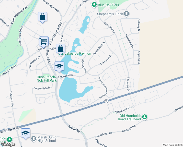 map of restaurants, bars, coffee shops, grocery stores, and more near 239 Idyllwild Circle in Chico