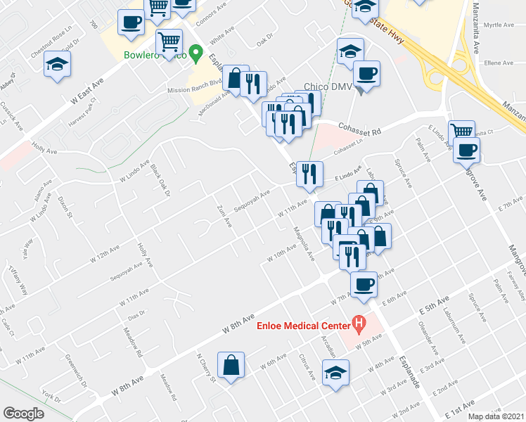 map of restaurants, bars, coffee shops, grocery stores, and more near 2115 Algonkin Avenue in Chico