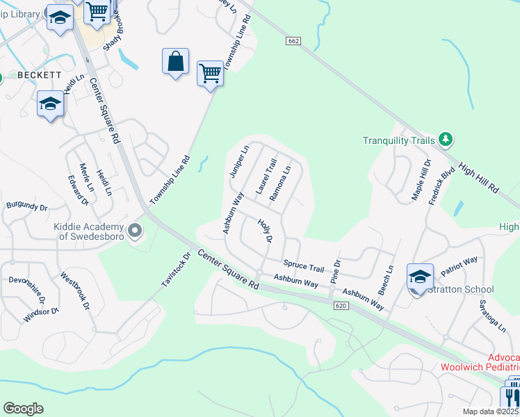 map of restaurants, bars, coffee shops, grocery stores, and more near 311 Juniper Lane in Woolwich Township