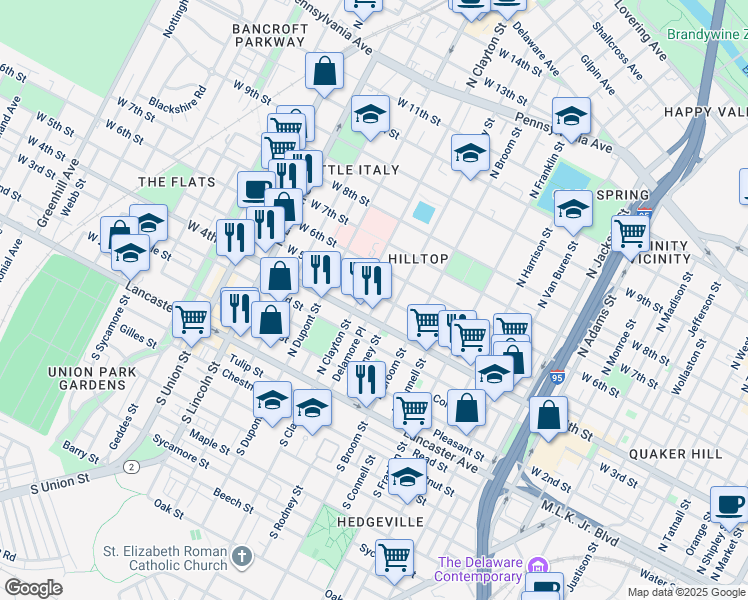 map of restaurants, bars, coffee shops, grocery stores, and more near 1508 West 5th Street in Wilmington