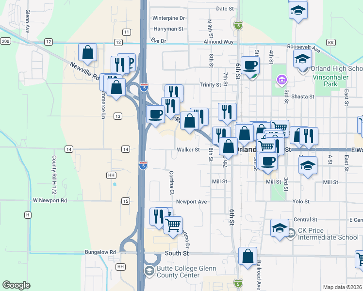 map of restaurants, bars, coffee shops, grocery stores, and more near 26 Walker Street in Orland