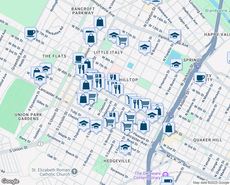 map of restaurants, bars, coffee shops, grocery stores, and more near 1508 West 5th Street in Wilmington