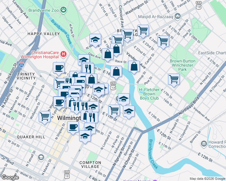 map of restaurants, bars, coffee shops, grocery stores, and more near 307 East 13th Street in Wilmington