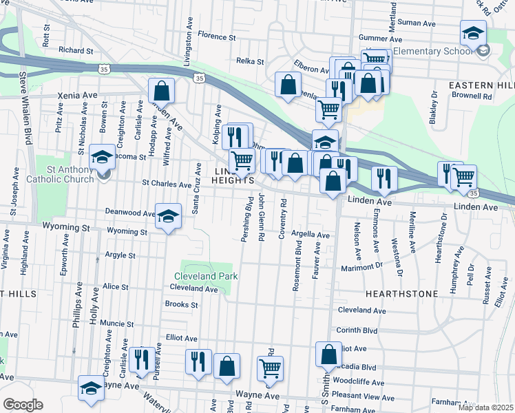 map of restaurants, bars, coffee shops, grocery stores, and more near 1448 John Glenn Road in Dayton