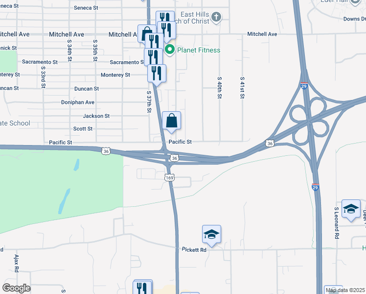 map of restaurants, bars, coffee shops, grocery stores, and more near 3802 Pacific Street in Saint Joseph