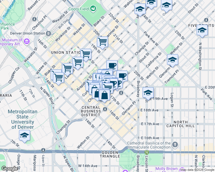 map of restaurants, bars, coffee shops, grocery stores, and more near in Denver