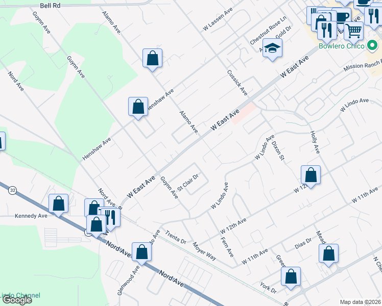map of restaurants, bars, coffee shops, grocery stores, and more near 821 West East Avenue in Chico