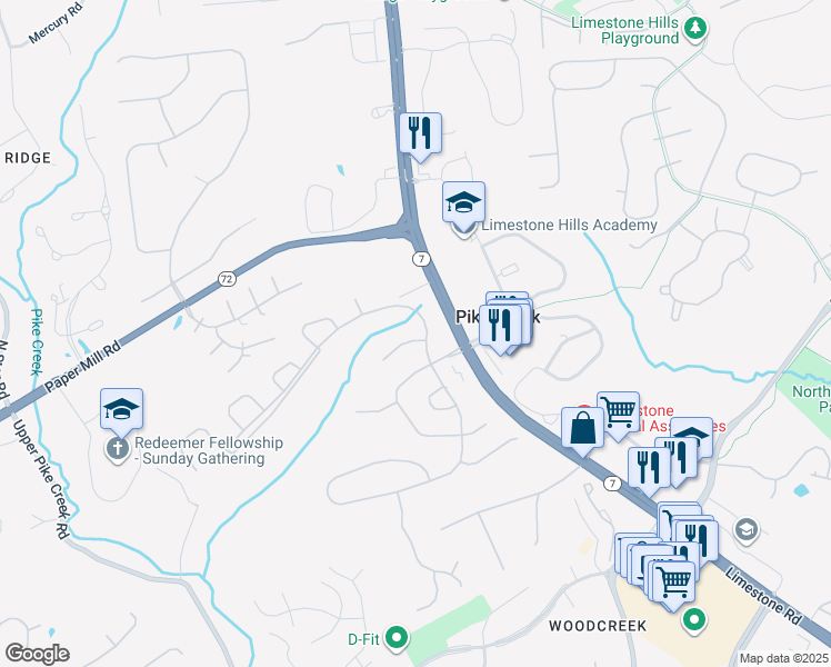 map of restaurants, bars, coffee shops, grocery stores, and more near 4 Addicks Court in Wilmington
