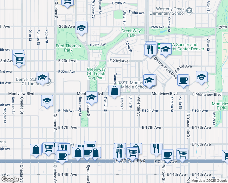 map of restaurants, bars, coffee shops, grocery stores, and more near 8008 Montview Boulevard in Denver
