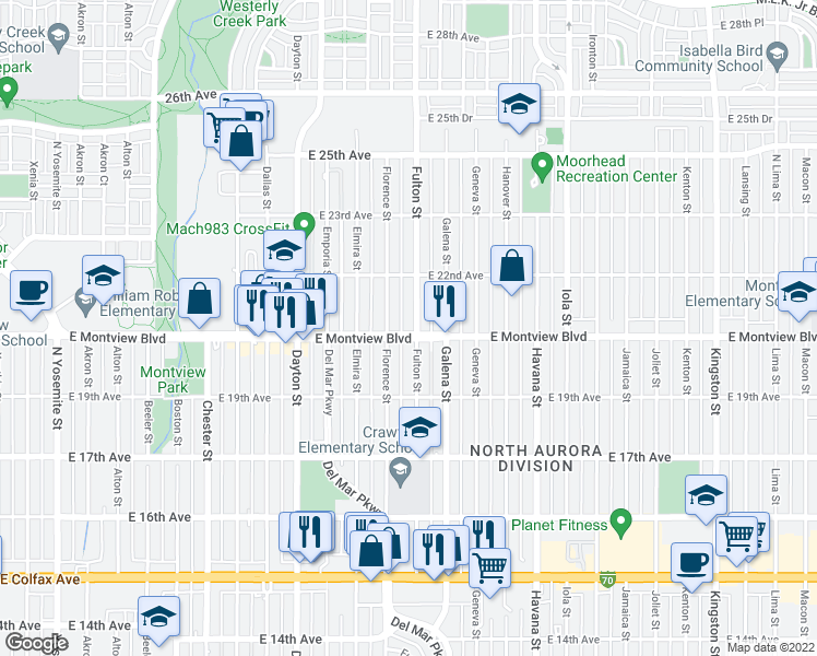 map of restaurants, bars, coffee shops, grocery stores, and more near in Aurora