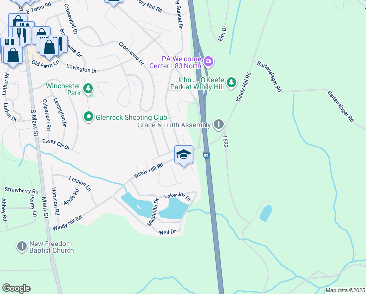 map of restaurants, bars, coffee shops, grocery stores, and more near 17379 Russett Farm Drive in Shrewsbury