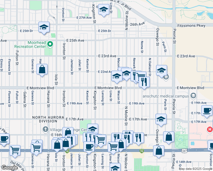 map of restaurants, bars, coffee shops, grocery stores, and more near 1970 Lansing Street in Aurora