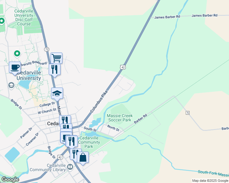 map of restaurants, bars, coffee shops, grocery stores, and more near 3403 Wildflower Place in Cedarville