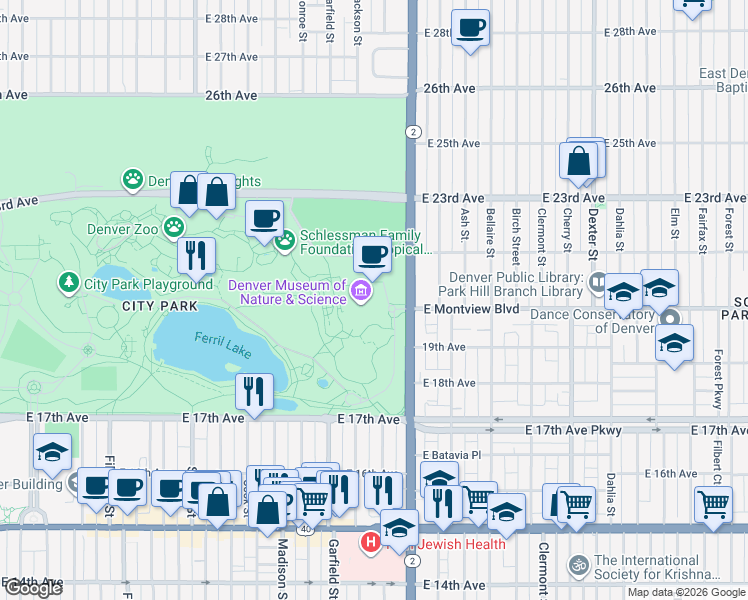 map of restaurants, bars, coffee shops, grocery stores, and more near 2001 Colorado Blvd in Denver