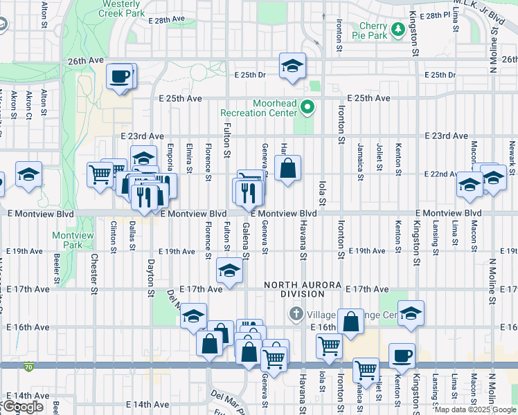 map of restaurants, bars, coffee shops, grocery stores, and more near 1964 Geneva Street in Aurora