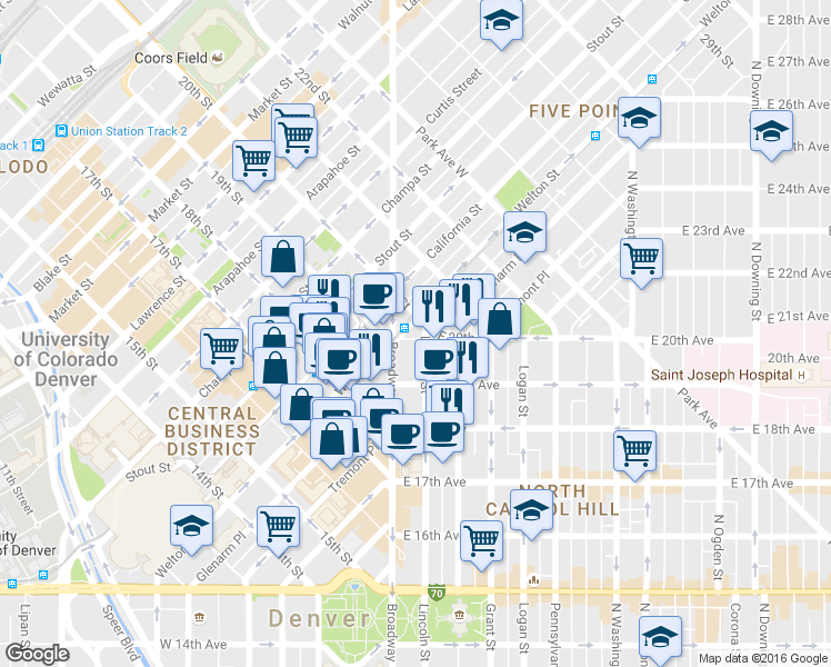 map of restaurants, bars, coffee shops, grocery stores, and more near 1900-1940 Broadway in Denver