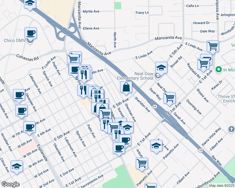map of restaurants, bars, coffee shops, grocery stores, and more near 764 East 5th Avenue in Chico