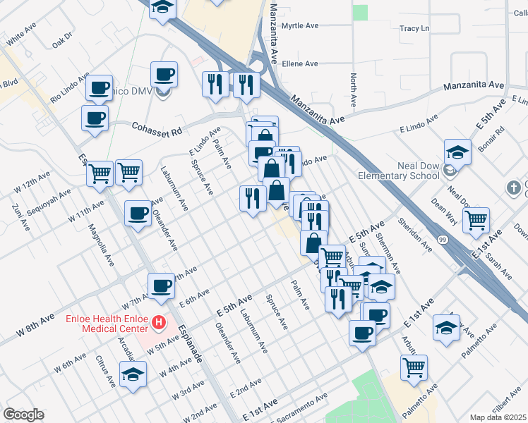 map of restaurants, bars, coffee shops, grocery stores, and more near 1656 Palm Avenue in Chico