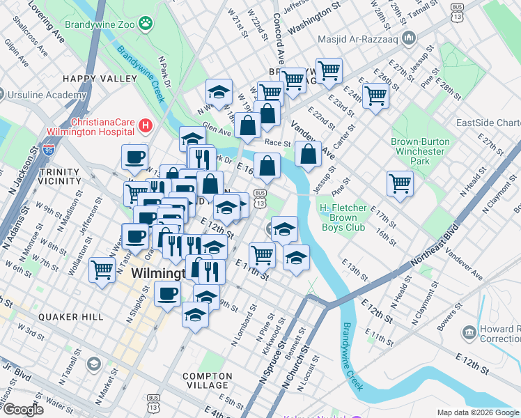 map of restaurants, bars, coffee shops, grocery stores, and more near 307 East 13th Street in Wilmington