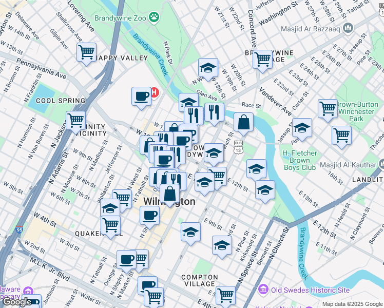 map of restaurants, bars, coffee shops, grocery stores, and more near 1201 North King Street in Wilmington