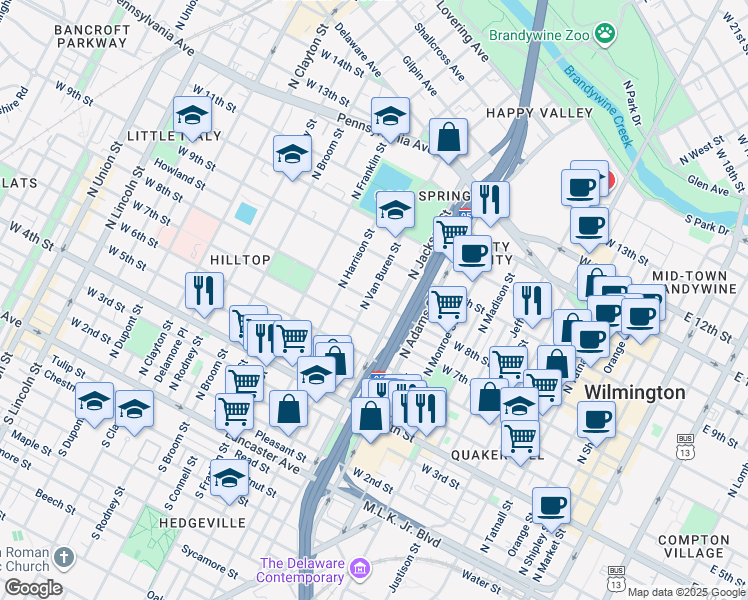 map of restaurants, bars, coffee shops, grocery stores, and more near 703 North Jackson Street in Wilmington