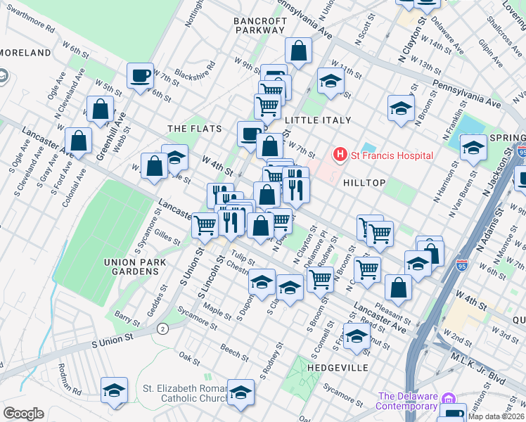 map of restaurants, bars, coffee shops, grocery stores, and more near 1724 Conrad Street in Wilmington