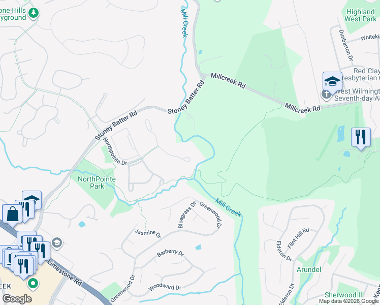 map of restaurants, bars, coffee shops, grocery stores, and more near 634 Pepperbush Court in Wilmington