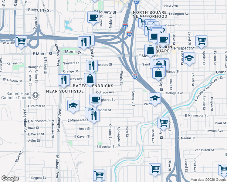 map of restaurants, bars, coffee shops, grocery stores, and more near 730 Weghorst Street in Indianapolis
