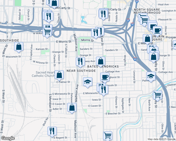 map of restaurants, bars, coffee shops, grocery stores, and more near 1448 South Alabama Street in Indianapolis