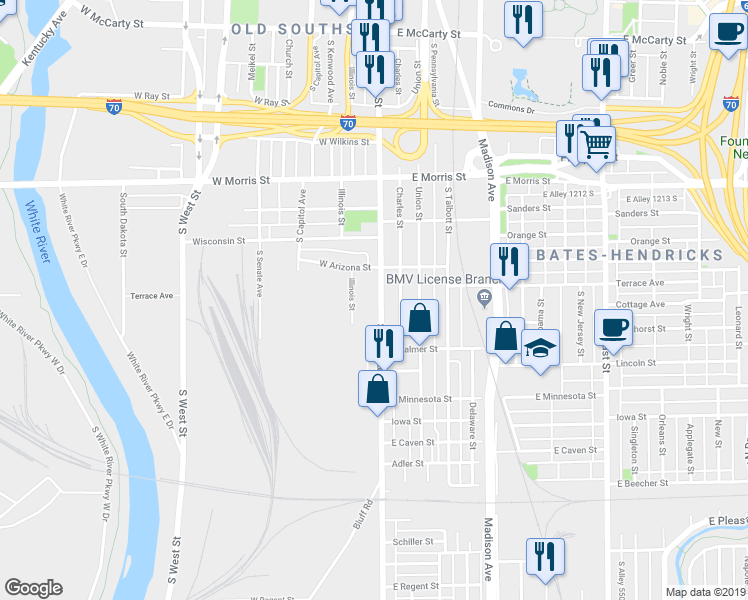 map of restaurants, bars, coffee shops, grocery stores, and more near 1501 Illinois Street in Indianapolis
