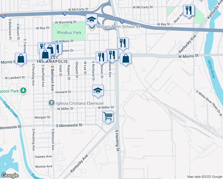map of restaurants, bars, coffee shops, grocery stores, and more near 1424 Blaine Avenue in Indianapolis