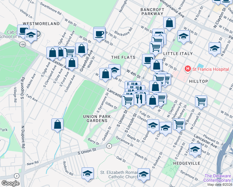 map of restaurants, bars, coffee shops, grocery stores, and more near 1 South Bancroft Parkway in Wilmington