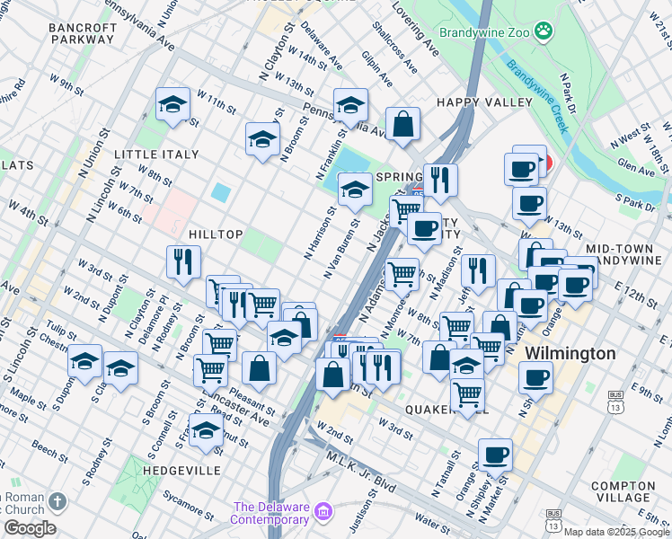 map of restaurants, bars, coffee shops, grocery stores, and more near 800 North Van Buren Street in Wilmington