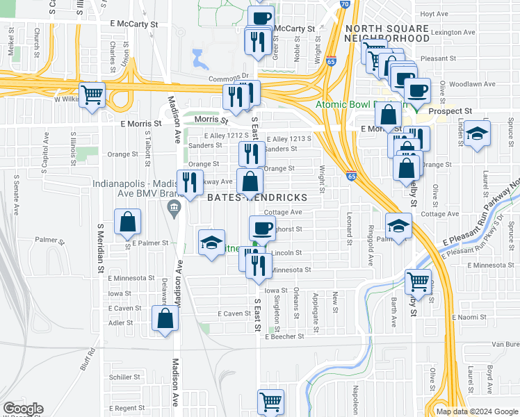 map of restaurants, bars, coffee shops, grocery stores, and more near 1419 South East Street in Indianapolis