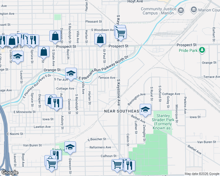 map of restaurants, bars, coffee shops, grocery stores, and more near 1448 Saint Peter Street in Indianapolis