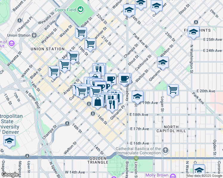 map of restaurants, bars, coffee shops, grocery stores, and more near 1822 California Street in Denver