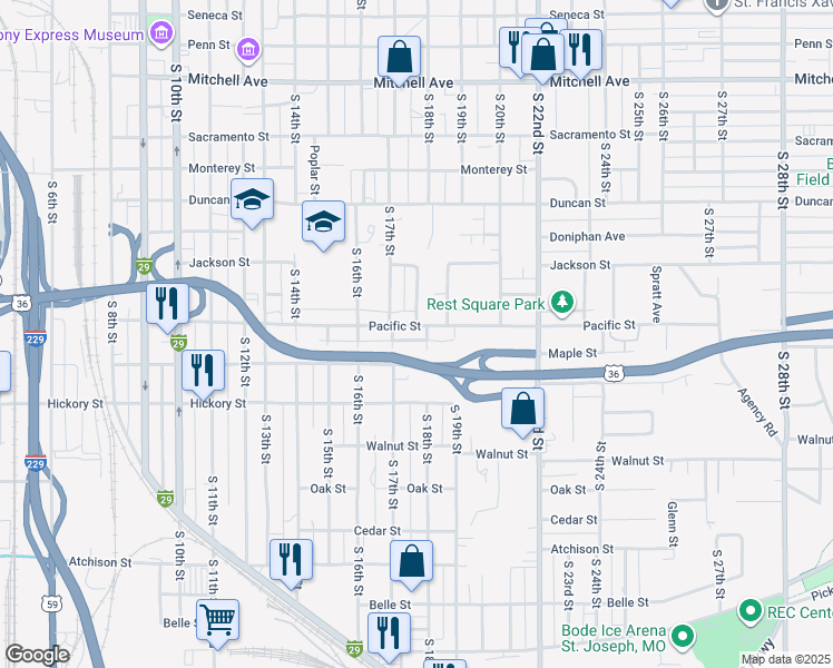 map of restaurants, bars, coffee shops, grocery stores, and more near 2120 South 18th Street in Saint Joseph