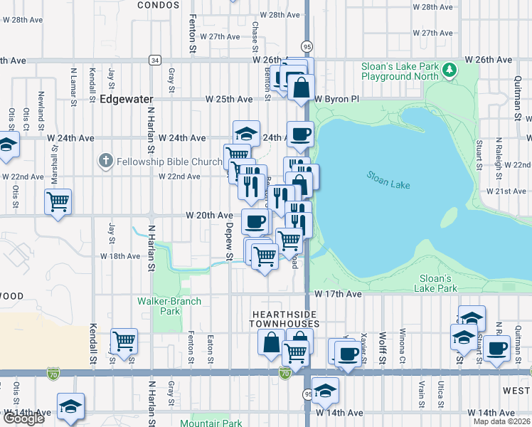 map of restaurants, bars, coffee shops, grocery stores, and more near 5457 West 20th Avenue in Denver