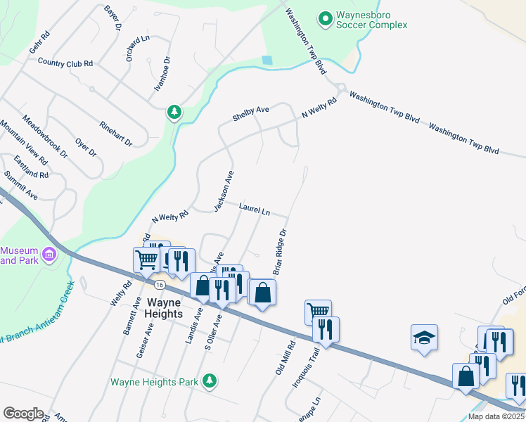map of restaurants, bars, coffee shops, grocery stores, and more near 321 Laurel Lane in Waynesboro