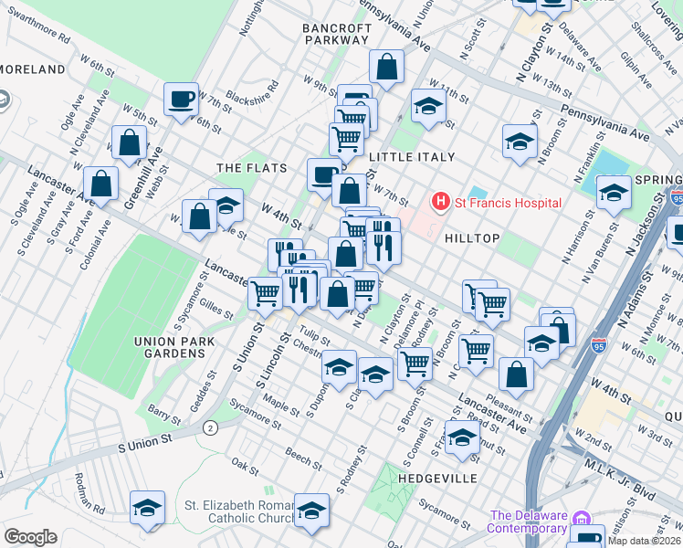 map of restaurants, bars, coffee shops, grocery stores, and more near 1724 Conrad Street in Wilmington